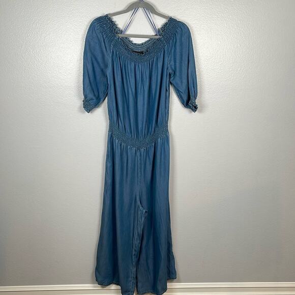 Walter Baker Tencil Chambray off the shoulder wide leg crop jumpsuit NWT medium - Picture 1 of 10